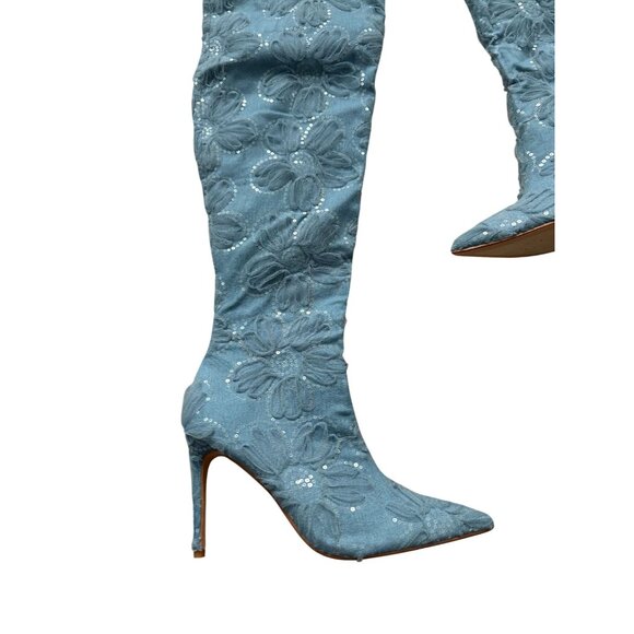 FASHION NOVA Blue Floral Embellished Over The Knee Boots Size 10 NEW NWOT - Picture 9 of 10
